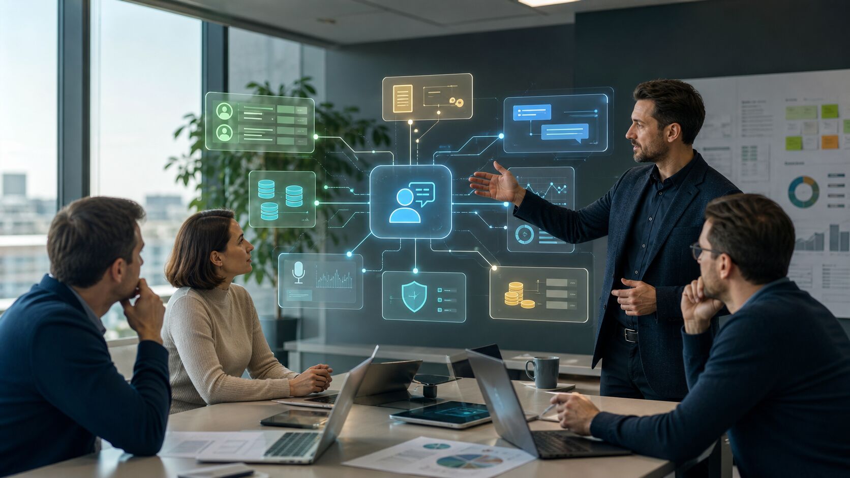 Команда обсуждает архитектуру LLM-ассистента с модулями CRM, базы знаний, голоса, аналитики и безопасности
