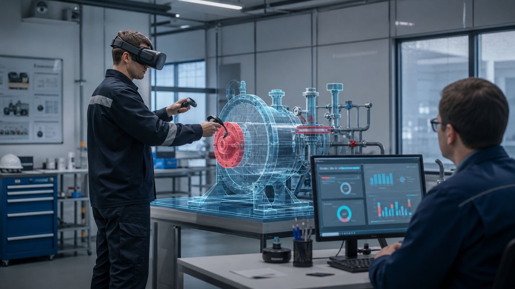 Инженер проходит обучение на VR-тренажере рядом с цифровым двойником оборудования