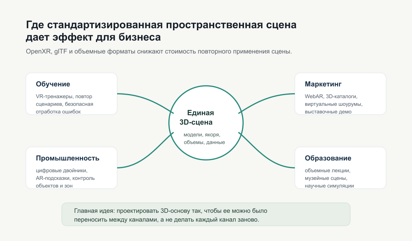 Карта применения единой 3D-сцены в обучении, маркетинге, промышленности и образовании
