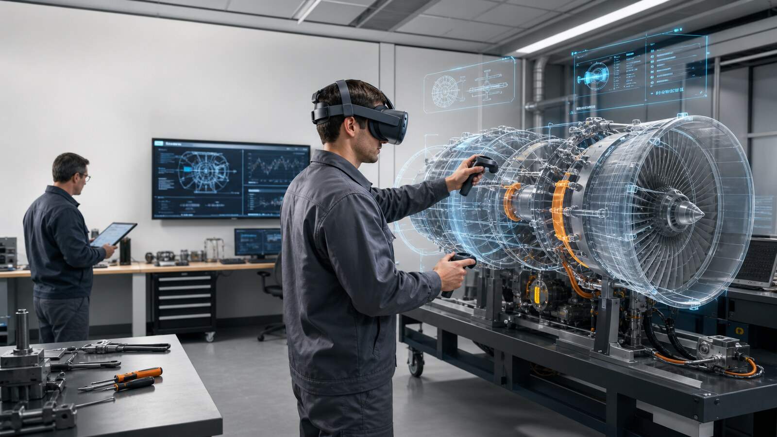 VR-тренажеры для обучения персонала без доступа к оборудованию Технический специалист в VR-гарнитуре отрабатывает обслуживание виртуального двигателя в учебном центре