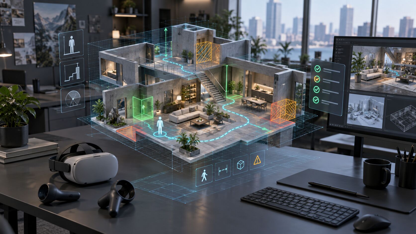 AI-генерированная 3D-сцена проходит проверку навигации, коллизий и сценариев для XR-проекта