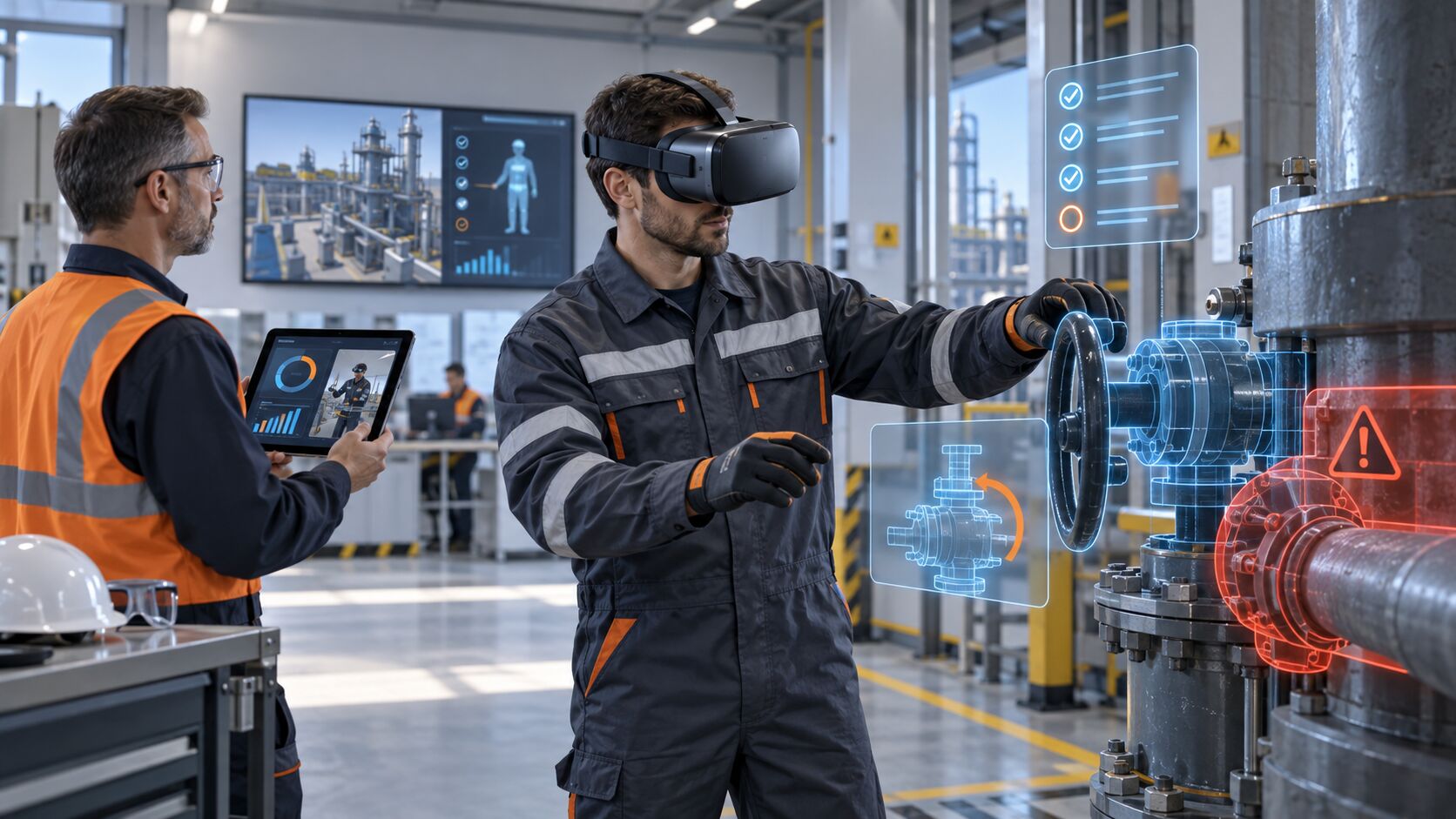 Сотрудник в VR-шлеме отрабатывает работу с промышленным оборудованием, рядом инструктор смотрит аналитику обучения